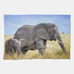 Cutest Baby Animals   African Elephant & Mother Tea Towel