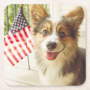 Cutest Baby Animals   American Flag Corgi Square Paper Coaster