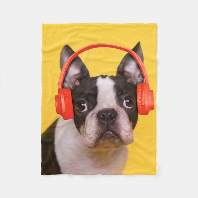 Cutest Baby Animals | Boston Terrier Headphones Fleece Blanket (Front)