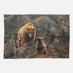 Cutest Baby Animals Brown Bear Family Tea Towel