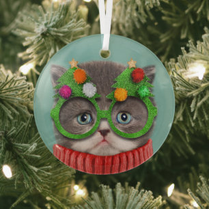 Cutest Baby Animals   Cat Christmas Sweater Glass Tree Decoration