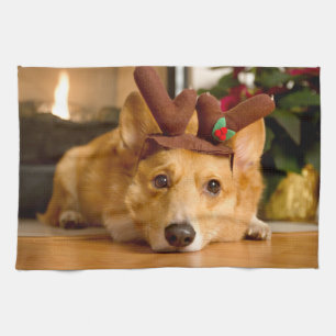 Cutest Baby Animals   Corgi Christmas Reindeer Tea Towel