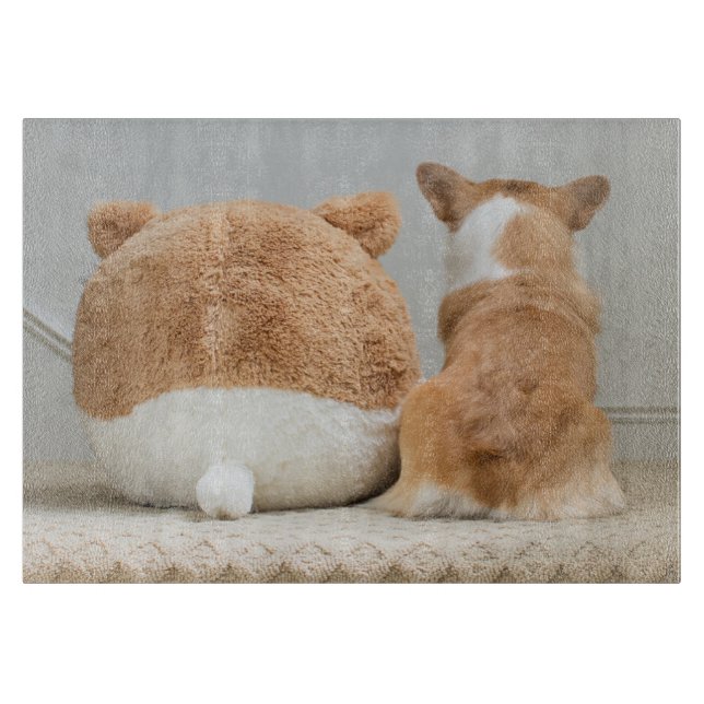 Cutest Baby Animals | Corgi & Plush Puppy Cutting Board (Front)