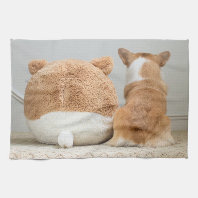 Cutest Baby Animals | Corgi & Plush Puppy Tea Towel (Horizontal)