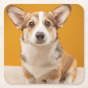 Cutest Baby Animals Corgi Portrait on Orange Square Paper Coaster