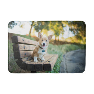 Cutest Baby Animals   Corgi Puppy on a Park Bench Bath Mat