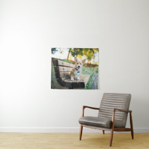 Cutest Baby Animals Corgi Puppy on a Park Bench Tapestry
