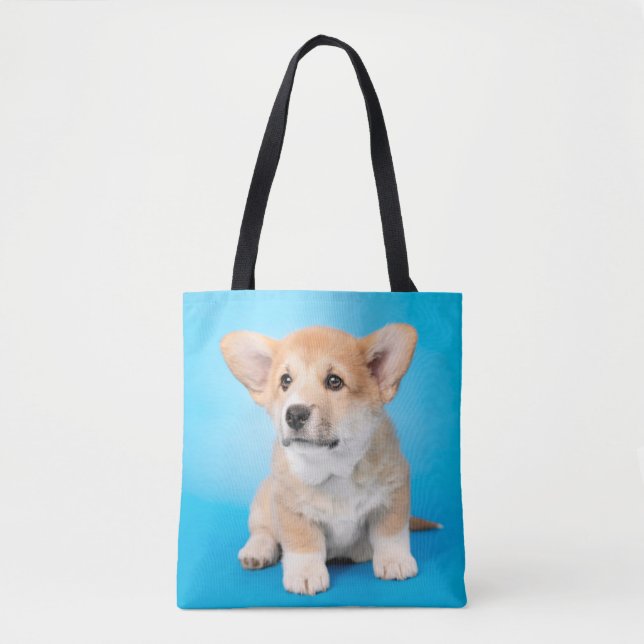 Cutest Baby Animals | Corgi Puppy on Blue Tote Bag (Front)
