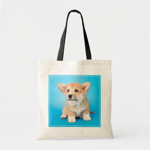 Cutest Baby Animals Corgi Puppy on Blue Tote Bag