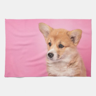 Cutest Baby Animals Corgi Puppy on Pink Tea Towel