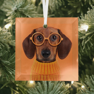Cutest Baby Animals   Dachshund Orange Sweater Glass Tree Decoration