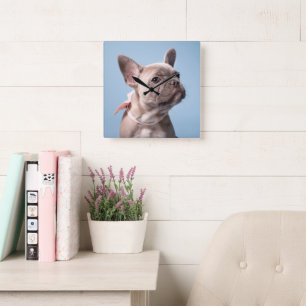 Cutest Baby Animals   French Bulldog Pink Bow Square Wall Clock