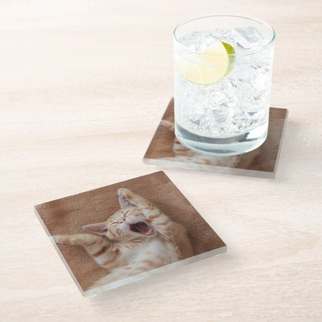Cutest Baby Animals | Ginger Kitten Yawning Glass Coaster (Angled)
