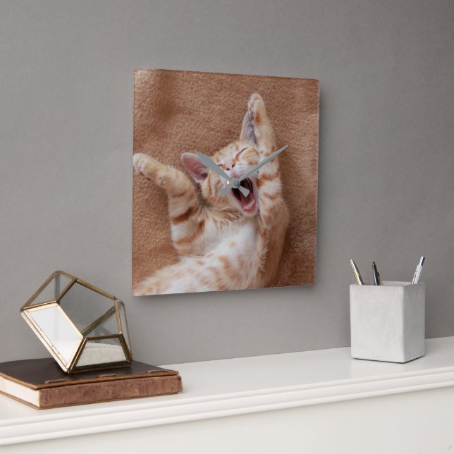 Cutest Baby Animals | Ginger Kitten Yawning Square Wall Clock (Office)