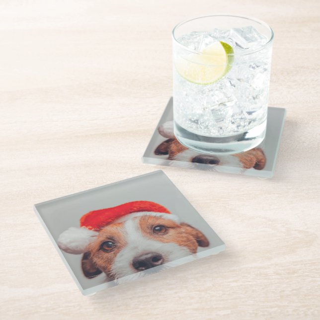 Cutest Baby Animals | Jack Russell Dog Santa Claus Glass Coaster (Angled)