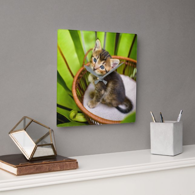 Cutest Baby Animals | Kitten in Basket Square Wall Clock (Office)