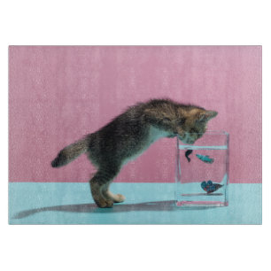 Cutest Baby Animals Kitten Looking at Fish Bowl Cutting Board