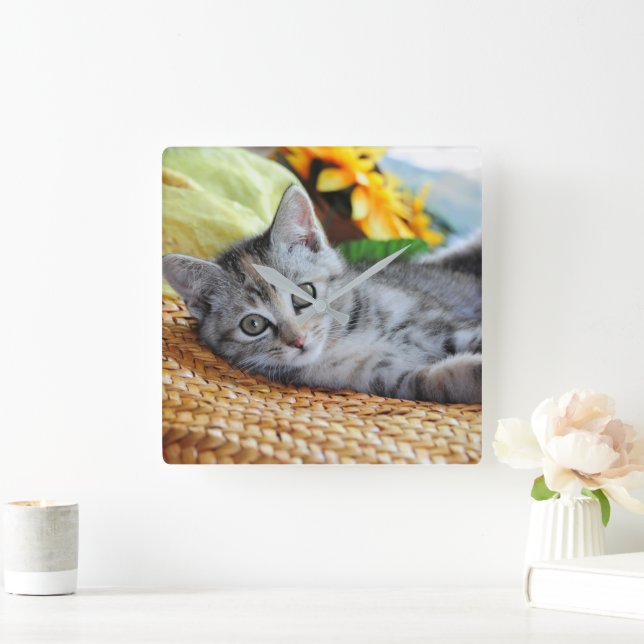 Cutest Baby Animals | Kitten Lounging Square Wall Clock (Home)