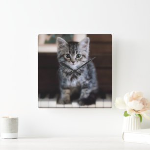Cutest Baby Animals   Kitten on Piano Keys Square Wall Clock