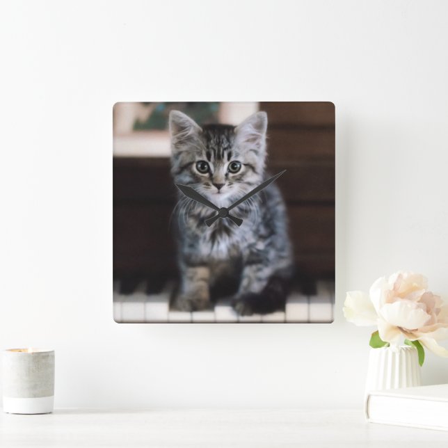 Cutest Baby Animals | Kitten on Piano Keys Square Wall Clock (Home)