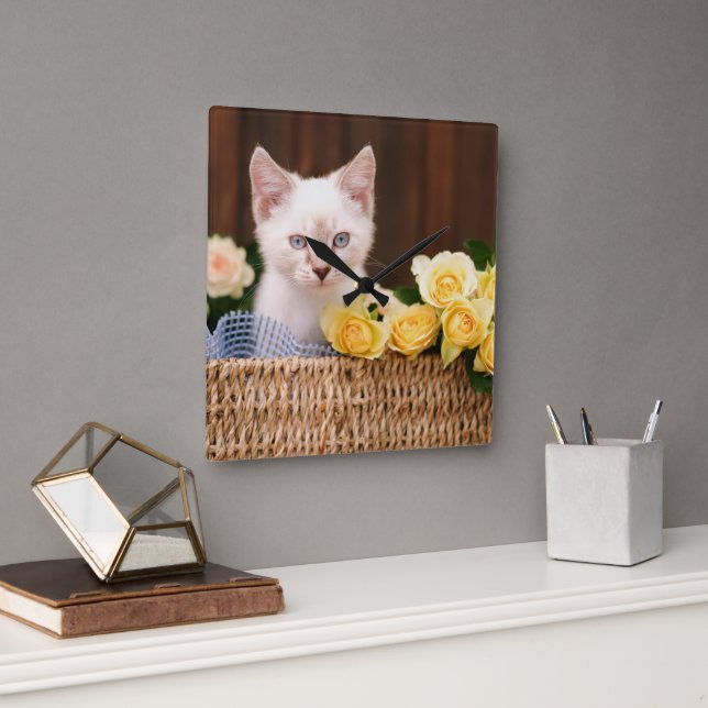 Cutest Baby Animals | Kitten & Yellow Roses Square Wall Clock (Office)