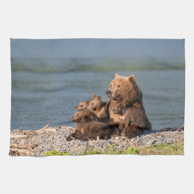 Cutest Baby Animals | Mother Bear & Cubs Tea Towel (Horizontal)