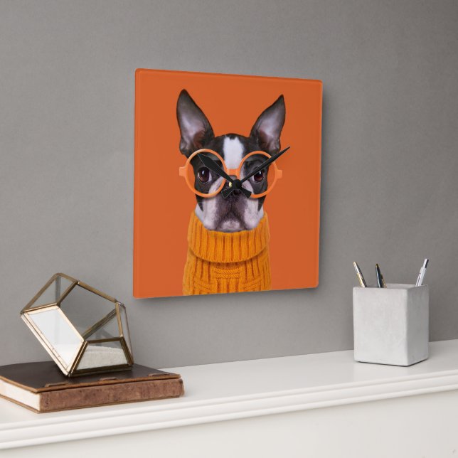 Cutest Baby Animals | Orange Boston Terrier Square Wall Clock (Office)