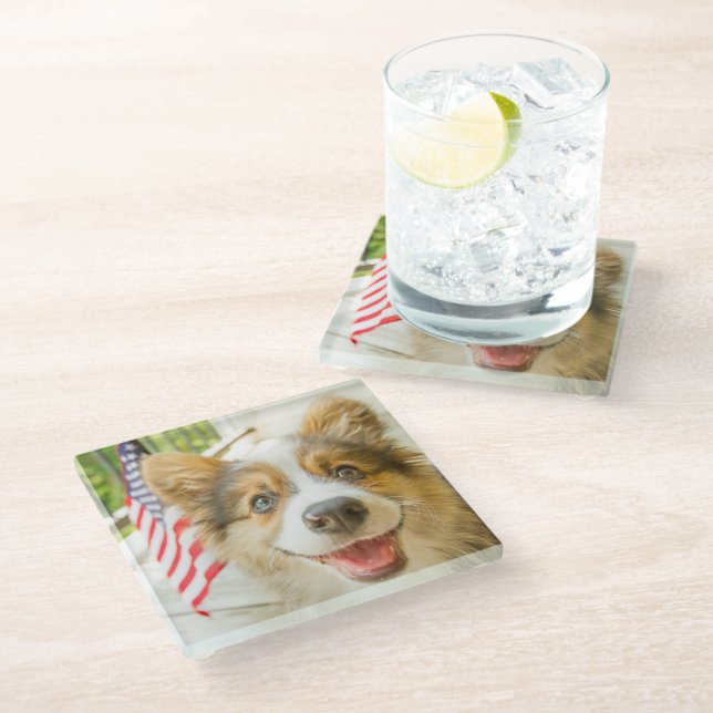 Cutest Baby Animals | Patriotic Corgi Puppy Glass Coaster (Angled)