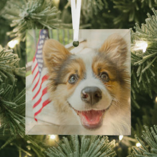 Cutest Baby Animals Patriotic Corgi Puppy Glass Tree Decoration