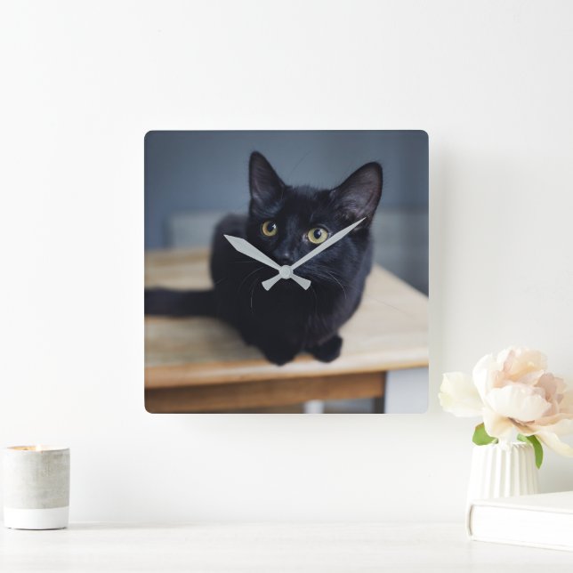 Cutest Baby Animals | Portrait of a Black Cat Square Wall Clock (Home)