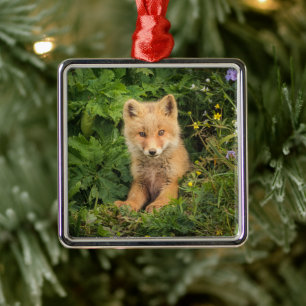 Cutest Baby Animals Red Fox at Umnak Alaska Metal Tree Decoration