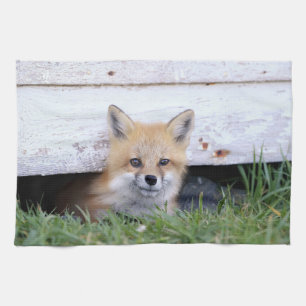 Cutest Baby Animals Red Fox Kit Peeking Tea Towel