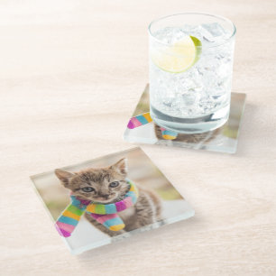 Cutest Baby Animals Tabby Kitten Rainbow Scarf Glass Coaster