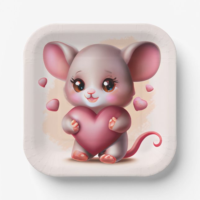 Cutest Baby Mouse with Valentine's Heart  Paper Plate (Front)