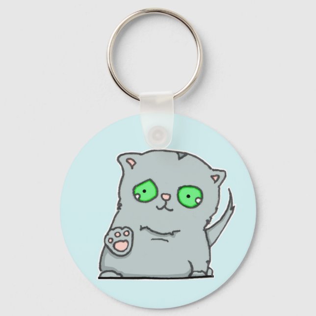 Cutest green-eyed grey kitten key ring (Front)