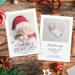 Cutest little snowflake photo birth announcement<br><div class="desc">Spread the news of your latest addition to your family with this Christmas and winter-themed holiday birth announcement card. Easily customise the front of the card with your baby's name and date of birth, and with one of your favourite newborn pictures with a lovely dark blue overlay script that reads...</div>