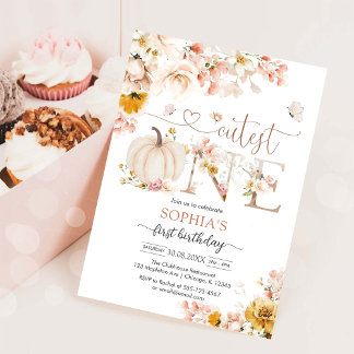 Cutest One Floral Pumpkin Birthday Invitation