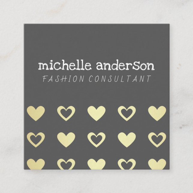 Cutesy Gold Hearts Pattern Square Business Card (Front)