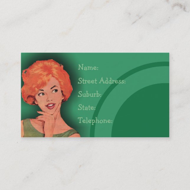 Cutesy Retro Redhead Hairdressing Card Green (Front)