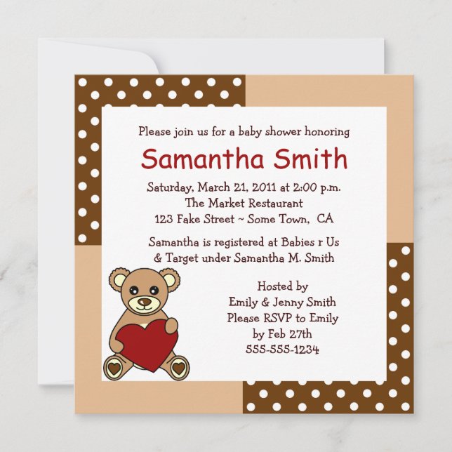 CuteTeddy Bear Baby Shower Invitation Brown Red (Front)