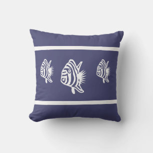 Cutewhite fish on soft navy Outdoor coastal living Cushion