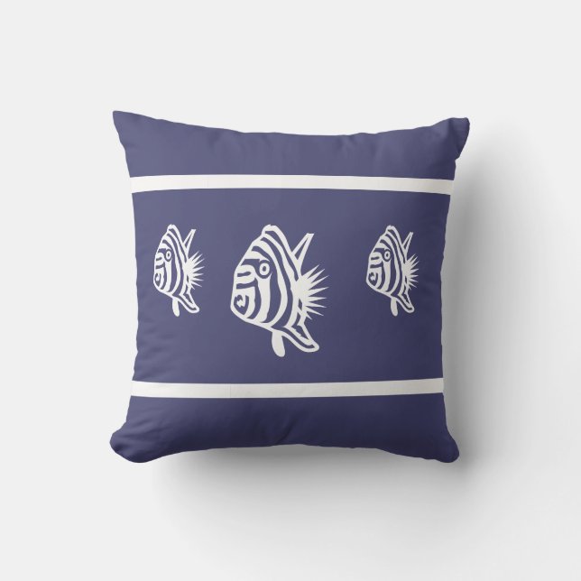 Cutewhite fish on soft navy Outdoor coastal living Cushion (Front)
