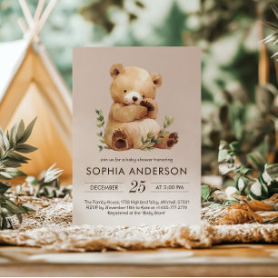 Cutie Baby Bear Watercolor Baby Shower Invitation