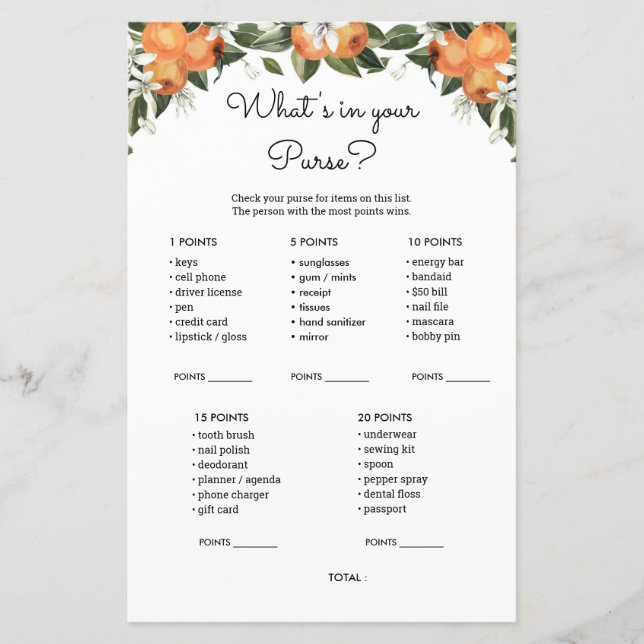 Cutie Baby Shower What's In Your Purse Game Cards (Front)