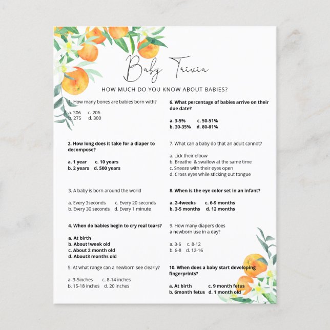 Cutie Baby Trivia | Baby Shower Game (Front)