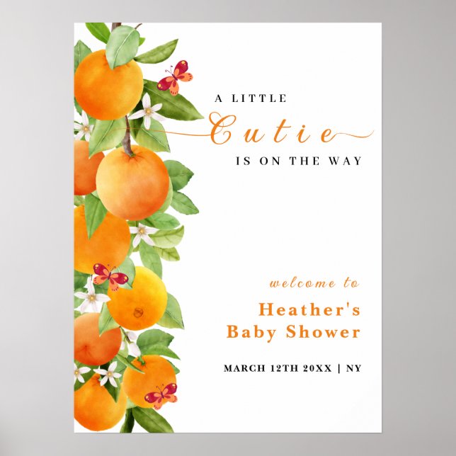 Cutie Citrus Orange Clementine Baby Shower Welcome Poster (Front)