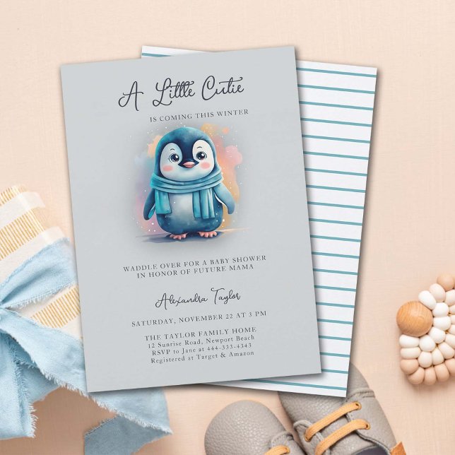 Cutie Coming This Winter Penguin Boy Baby Shower Invitation (penguin baby shower invitation boy cute adorable sweet character watercolor cold snow winter)
