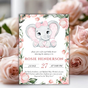 Cutie Elephant Blush Pink Floral Girl Baby Shower Invitation
