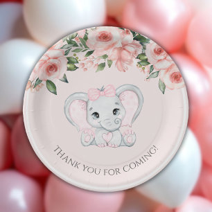 Cutie Elephant Blush Pink Floral Girl Baby Shower Paper Plate