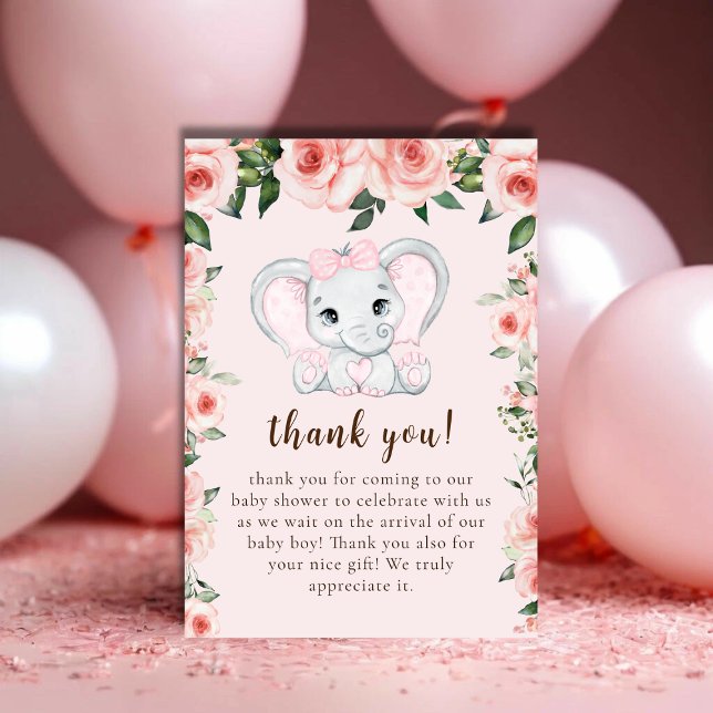 Cutie Elephant Blush Pink Floral Girl Baby Shower Thank You Card (Cutie Elephant Blush Pink Floral Girl Baby Shower Thank You Card)